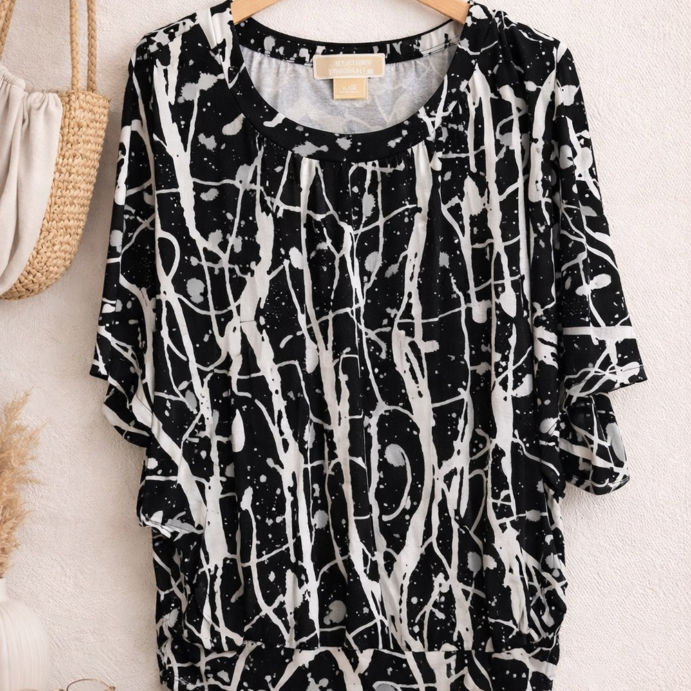 Michael Kors Black White Abstract Print Blouse Large Draped Stretch Top